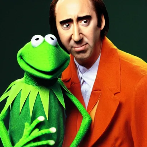 Prompt: an emaciated nic cage playing kermit the frog on sesame street, hd digital photography