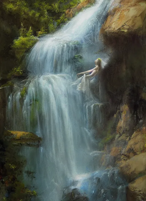 Prompt: painting of a goddess showering in a waterfall, veiled in mist, with her robes folded and set on a rock in the foreground, detailed, stylized, loose brush strokes, pastel colors, blue and green hues, by Jeremy Mann, intricate, beautiful