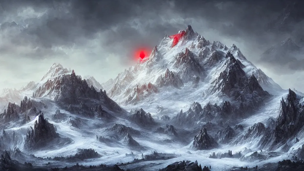 Image similar to huge mountain fortress with a dark tower that has a glowing red eye on a snowy mountain by eugene von guerard, ivan shishkin, dramatic lighting, concept art, trending on artstation, 8 k