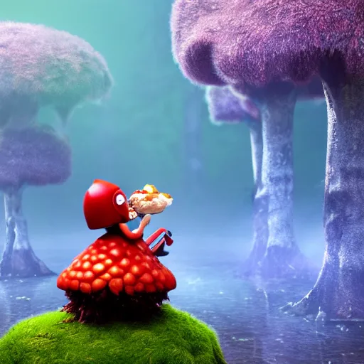 Image similar to beautiful cinematography of a cute fury monster eating lunch sitting on a red mushroom in a fantasy forest with living trees, in the style of a Pixar movie, wide shot, sharp and detailed, 3D model, 3D rendering, Octane render, raytracing, cinematic volumetric lighting