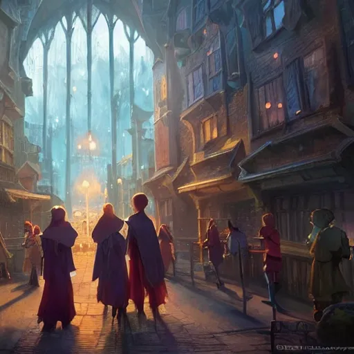 Prompt: a wholesome animation key shot of harry potter students, fantasy, colorful, pixar and disney animation, sharp, very detailed, high resolution, key art by greg rutkowski, bloom, dramatic lighting
