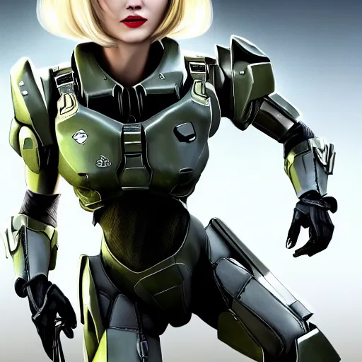 Image similar to A combination of Ada Wong's and Grace Kelly's and Katheryn Winnick's appearances with blonde hair wearing Master Chief's armor from Halo, high tech, action shot, angular, full body portrait, futuristic, dramatic, fantasy, intricate, elegant, highly detailed, digital painting, artstation, concept art, sharp focus, illustration, 8K, art by Donato Giancola and James Gurney