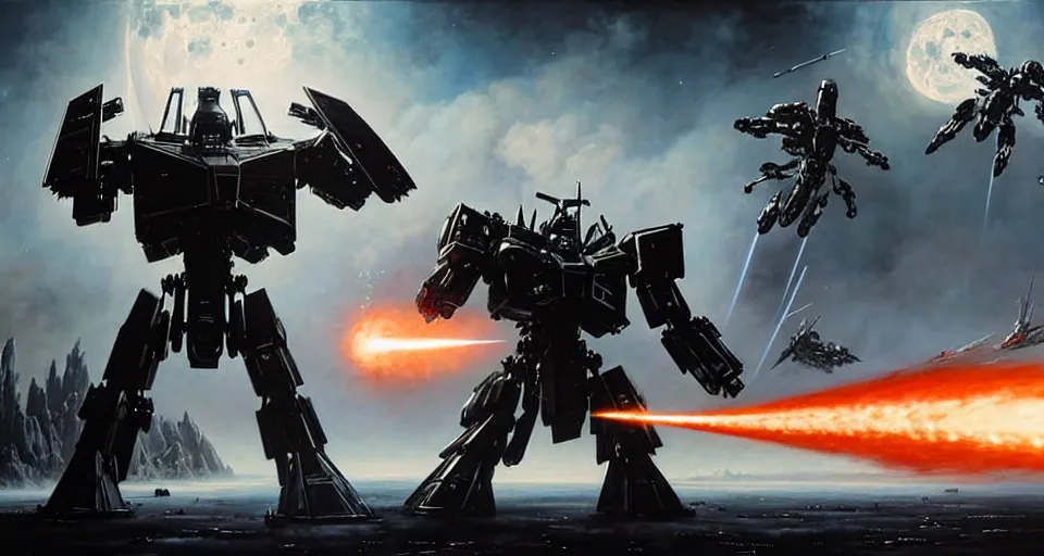 Image similar to hyper realistic sci - fi matte concept art painting of epic cinematic battle between michael bay transformer mecha fighting on the moon, guns, missiles, explosions, beautiful details, strong composition painted by kim jung guweta studio rutkowski, james gurney and greg rutkowski, and lucasfilm, smooth, intricate, detailed, sharp focus, cinematic