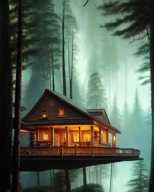 Image similar to a hyper - detailed 3 d render like an oil painting of cabin in the woods floating through space and time!!!!! surreal concept art, lifelike, photorealistic, digital painting, aesthetic, smooth, sharp focus, artstation hd, by greg rutkowski, bruce pennington, valentina remenar, rhads, asher duran,