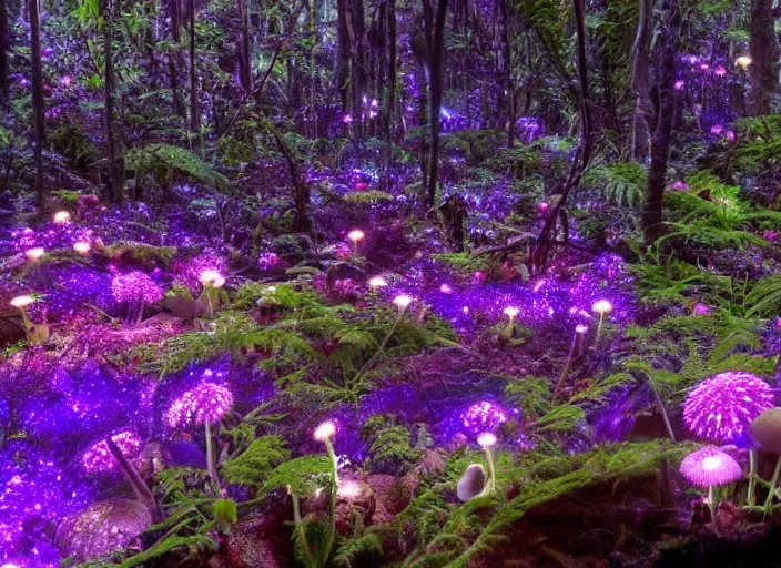 Image similar to glowing delicate flower and mushrooms that grow in a dark fatansy forest on the planet Pandora,