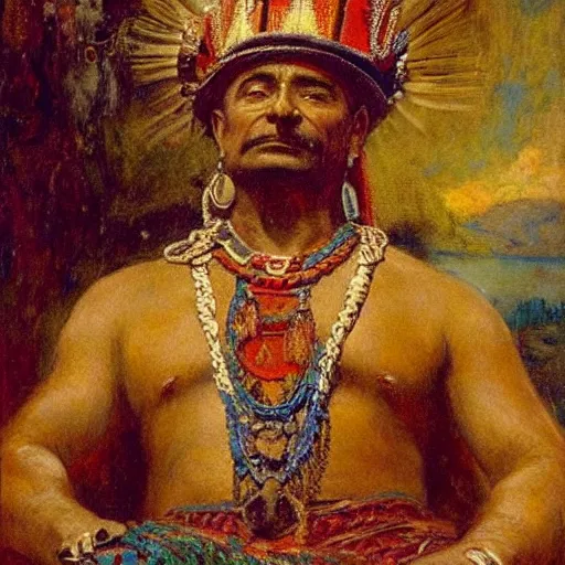 Prompt: the aztec emperor montezuma painted by gaston bussiere