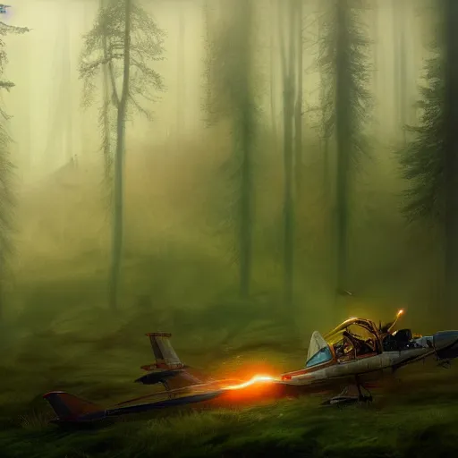 Image similar to a young pilot next to his crashed plane in a magical forest, with fog in the distance, steampunk, an epic fantasy, dramatic lighting, cinematic, establishing shot, extremely high detail, photorealistic, cinematic lighting, artstation, by simon stalenhag, christopher nolan