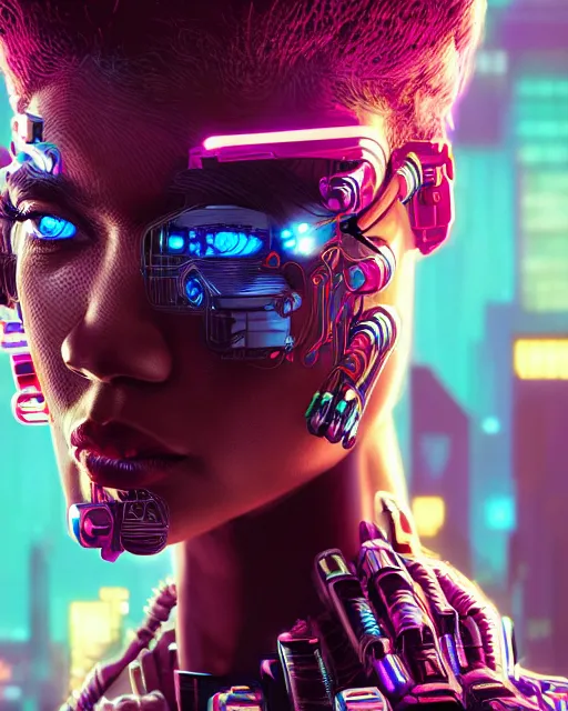 Image similar to portrait of Zendaya as a cyberpunk cyborg. intricate abstract. intricate artwork. by Tooth Wu, wlop, beeple, dan mumford. octane render, trending on artstation, greg rutkowski very coherent symmetrical artwork. cinematic, hyper realism, high detail, octane render, 8k, iridescent accents