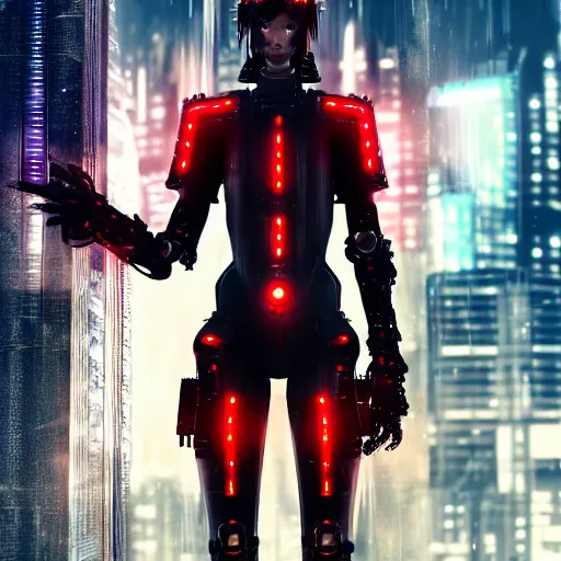 Prompt: A fantasy book style of a cyberpunk warrior girl wearing black & reddish mecha cyber suit, symmetrical face, on rooftop Tokyo cyberpunk feel night, dramatic light, rim light, unreal engine render, octane render, hyperrealism