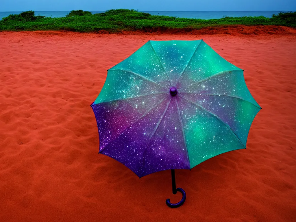 Image similar to purple umbrella, red sand beach, green ocean, nebula sunset