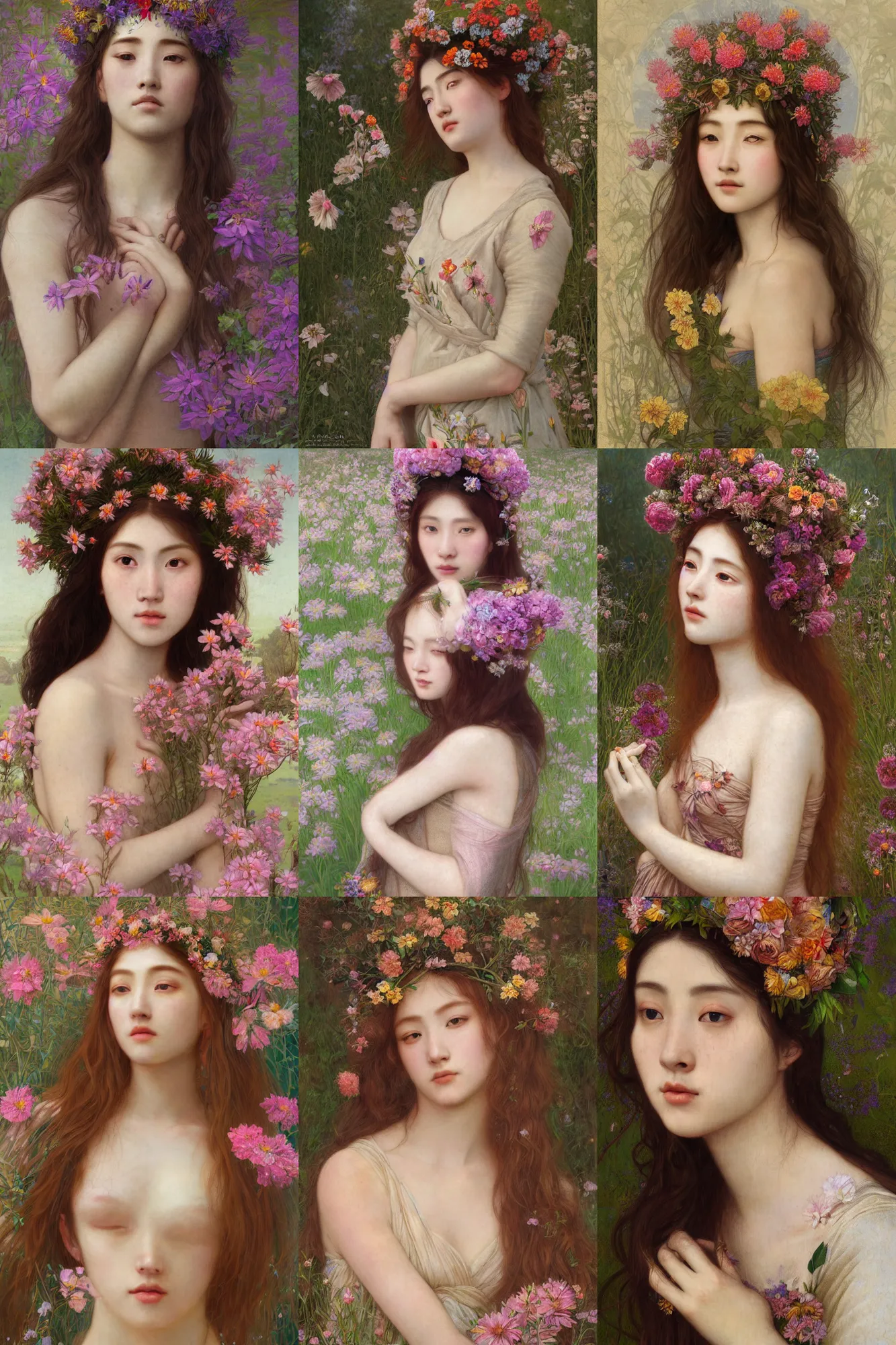 Image similar to Pre-raphaelite painting of a beautiful asian girl with freckles, wearing a flower headpiece, surrounded by big flowers, porcelain skin, cinematic lighting, photo realistic, highly detailed, maya, digital painting, artstation, concept art, sharp focus, illustration, by Mucha