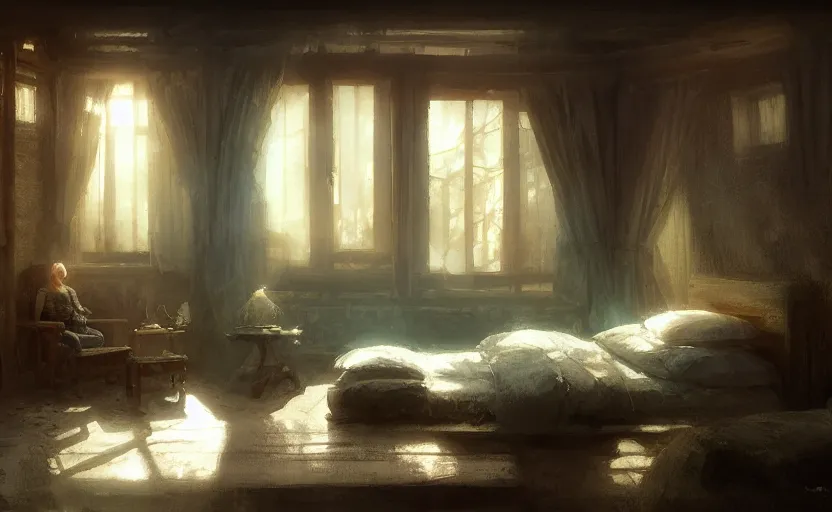 Prompt: painting of an interior of a cozy bedroom in a moutain, small hot spring and lush garden outside, natural light, fantasy, natural light, concept art, by greg rutkowski and craig mullins, cozy atmospheric and cinematic lighting, trending on artstation