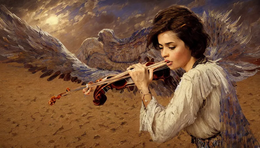Prompt: angel with wings alone playing on a violin in the desert, oriental painting, sunny morning, russian oil painting, serov, surikov, vasnetsov, repin, kramskoi, paint texture, uplight, insanely detailed and intricate, high resolution, Charlie Bowater, Tom Bagshaw, Norman Rockwell, octane rendered, unreal engine, illustration, trending on artstation, masterpiece, 8k
