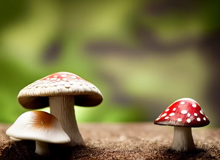 Image similar to a a cute creature sitting next to a mushroom, realistic, very detailed, complex, intricate, studio lighting, superres sharpening, bokeh, sigma 5 0 mm f 1. 4