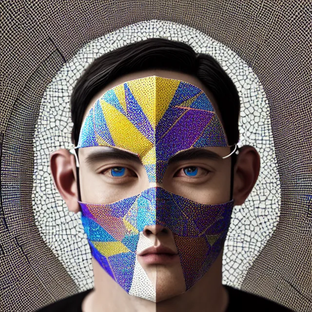 Prompt: a strikingly! beautiful!! portrait of a man wearing a mask made of porcelain tiles in abstract geometric patterns, hyper realism, neural pointillism, octane, cgsociety, 8 k, high gloss ceramic, ethereal, liminal, pastel color palette