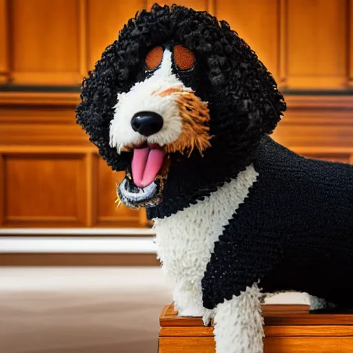 Image similar to a closeup photorealistic photograph of a smiling knitted bernedoodle judge dog dressed in a black gown, presiding over the courthouse. indoors, professional capture, well lit shot. this 4 k hd image is trending on artstation, featured on behance, well - rendered, extra crisp, features intricate detail, epic composition and the style of unreal engine.