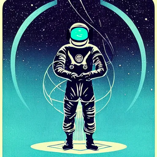 Prompt: “retro sci-fi poster 1950’s astronaut in a futuristic city made of glass, reflection of a female shadow silhouette in the glass helmet, the astronaut is under stars and moon. It is art deco style, 1950’s, glowing highlights, teal palette. Horror, dramatic Simple shapes,”