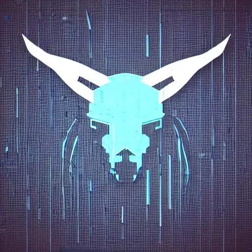 Prompt: cyberpunk minotaur logo, cyan and black, abstract