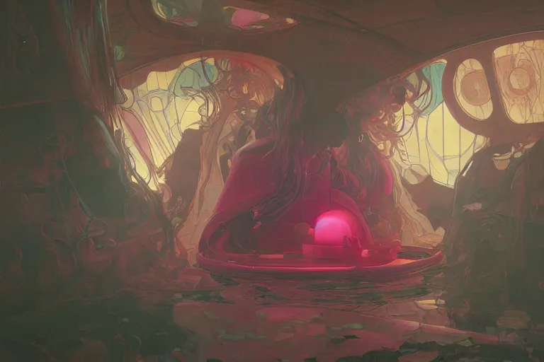 Image similar to interior of a Sensory deprivation Stomach filled with glowing pink water, Cross section, Claustrophobic, seapunk Mecha , vaporwave , digital art, artstation, by WLOP, Ilya repin, alphonse mucha., Very highly detailed 8K, octane, Digital painting, the golden ratio,