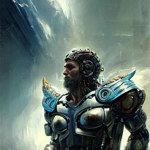 Image similar to stunning portrait of greek god poseidon wearing scale armor, painting by Raymond Swanland, cyberpunk, sci-fi cybernetic implants hq