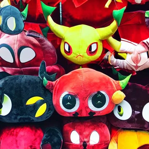 Prompt: devilish - looking demon plushies being sold at an amusement park