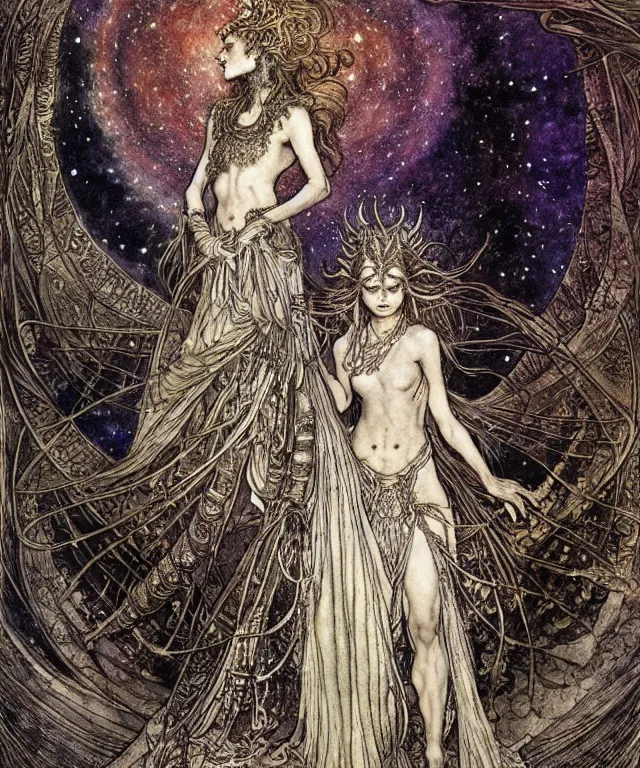 Prompt: A detailed horned many-multiplefaced-goddess stands among the cosmos. Wearing a ripped mantle-robe in cosmic texture. Blurred smudged faces, extremely high details, realistic, fantasy art, solo, masterpiece, colorful art by Arthur Rackham, Dariusz Zawadzki