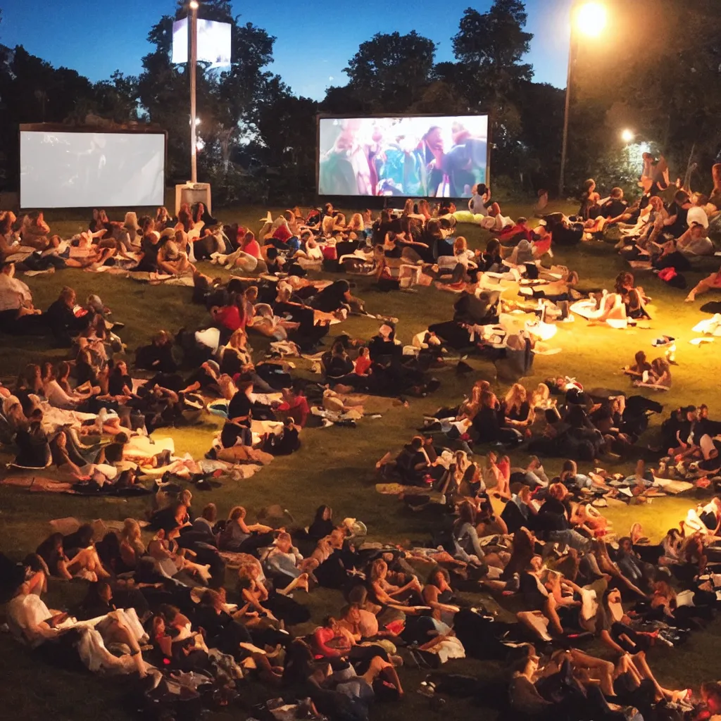 Prompt: outdoor cinema with giant popcorn at night