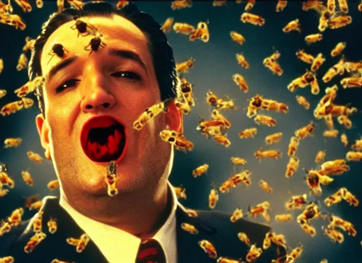 Image similar to film still of ted cruz as the candyman with bees coming out of his mouth in candyman 1 9 9 2