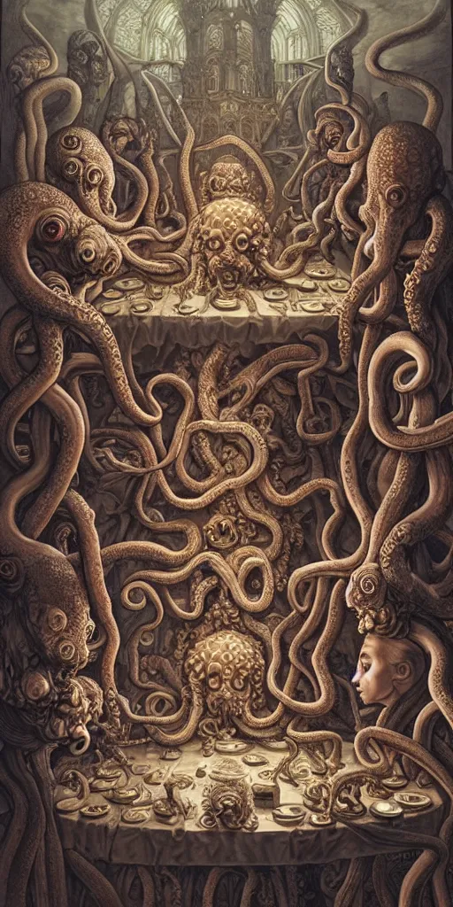 Image similar to group of mages in human bodies with octopus or medusa heads sitting near the table and arguing in an ancient mage castle with enormous scale, gothic and baroque, brutalist architecture, ultradetailed, Intricate by James Jean and Josan Gonzalez and John Howe and Giuseppe Arcimboldo