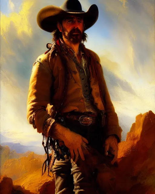 Image similar to portrait of a rugged cowboy, oil on canvas, Thomas Moran, artstation