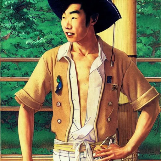 Prompt: A young Japanese man in a straw hat and pirate one piece outfit, art by Norman Rockwell