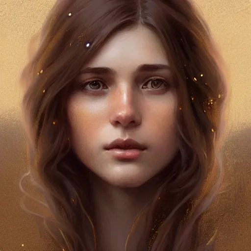 Prompt: brown haired mage medium portrait, gentle, female, city landscape, norway, d & d, fantasy, intricate, elegant, highly detailed, digital painting, brown and gold color palette, artstation, octane render, concept art, matte, sharp focus, illustration, herrarthstone, art by artgerm and greg rutkowski and alphonse mucha