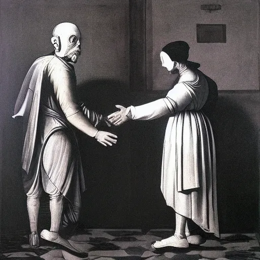 Image similar to painting of old man shaking hands with a robot in a graveyard, liminal, gothic, eerie, intricate, detailed, award winning painting, art by caravaggio,