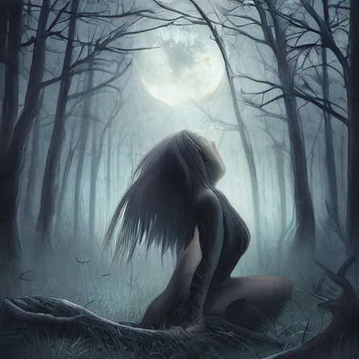 Prompt: a dark ominous forest, dead trees, moonlit, a ethereal ghost approaching, spooky digital artwork by Artgerm, trending on artstation