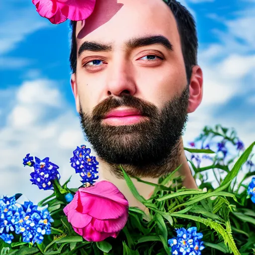 Image similar to a portrait of a man with flowers in the beard, roses peonies forget-me-nots dahlias lupins gladioli, sky theme in background, 35mm Photograph, 4K Resolution, Astrophotography, Digital Art, Trending on artstation