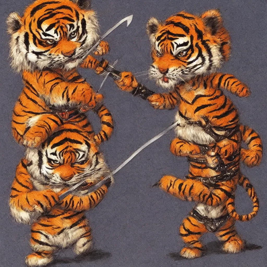 Prompt: one single chibi tiger holding the handle of a katana, drew struzan illustration art