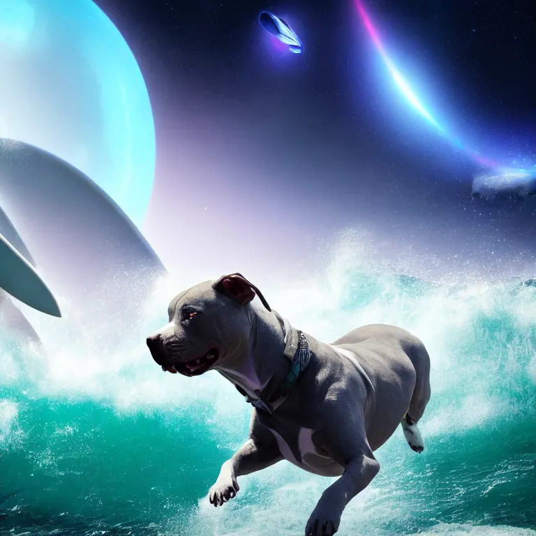 Image similar to photo of a gray coat pit bull with white paws, surfing on a surfboard in a crashing wave of alien ocean in space, background is an alien galaxy, aliens in the background, alien colors, octane render, unreal engine, wide view, 8 k, high detaild