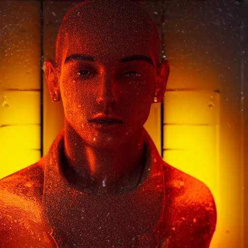 Image similar to a human sculpted out of rain, neon, rendered in octane, unreal engine, highly detailed, realistic, beautiful, emotional