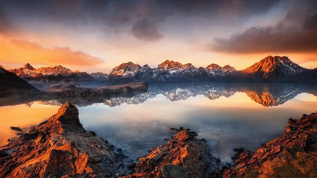 Image similar to amazing landscape photo of mountains with lake in sunset by marc adamus, beautiful dramatic lighting