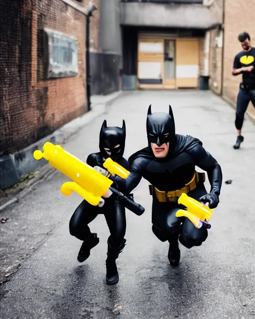 Image similar to happy batman firing super soaker water gun at playful criminals in an alleyway, everyone having fun, product advertisement, photography