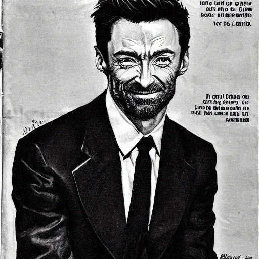 Image similar to Hugh Jackman portrait, vintage magazine illustration 1950