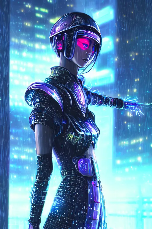 Image similar to portrait futuristic wuxia armor heroine Girl with thunder and fire sparkles and starlight, n future cyberpunk tokyo heavy rainning rooftop , ssci-fi, fantasy, intricate, very very beautiful, elegant, human structure, neon light, highly detailed, digital painting, artstation, concept art, smooth, sharp focus, illustration, art by tian zi and WLOP and alphonse mucha