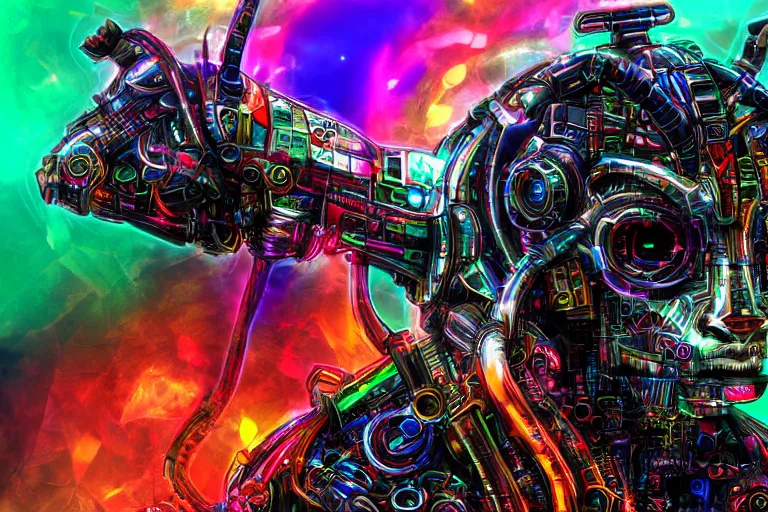 Image similar to complex cyberpunk machine background merged with evil cybernetic goat head in center focus, multicolored digital art