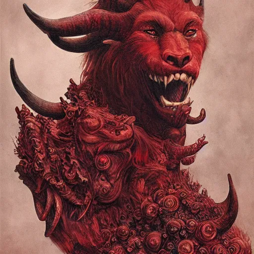 Image similar to a photographic portrait of a scarlet - colored beast with seven ( 7 ) heads and ten ( 1 0 ) horns by gustave dore and stephen hickman and allen williams, trending on artstation, cgsociety, 4 k hd, earthtone colors, a woman riding the back of the beast