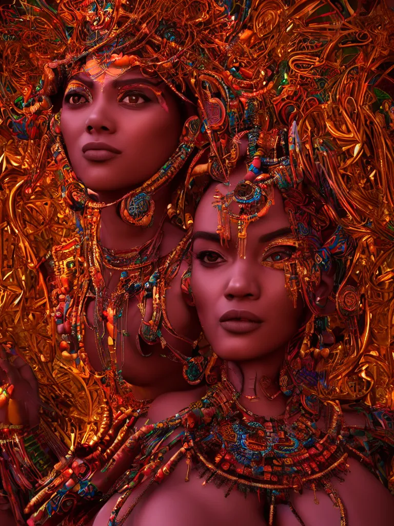 Image similar to a centered render of an alluring tribal goddess plays music on a complex synthesizer in a mystical psychedelic temple, full body, gorgeous face, perfect face, powerful, by viktoria gavrilenko, 3 d, trending on artstation, octane render, 8 k