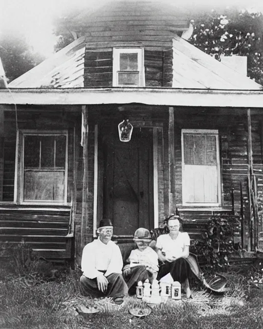 Image similar to “a black and white photograph of a successful Appalachian bootlegging family of four during prohibition, posed on the porch with a jars of moonshine, realistic, vintage, grainy film, 4k”