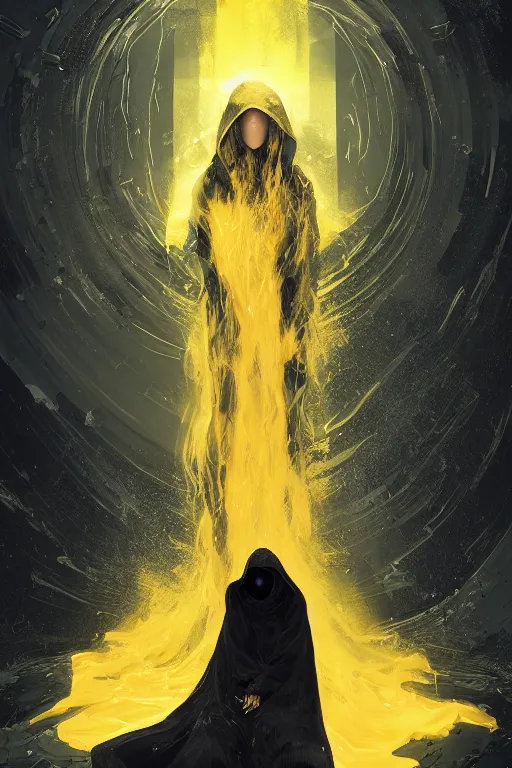 Image similar to A full body portrait of a mysterious character with no face with a very long hooded yellow cloak with black tentacles coming out the bottom and eyes floating in the air art by Maciej Kuciara and Jason Chan, ominous, cosmic horror, trending on artstation, Ultra detailed, hyper realistic 4k