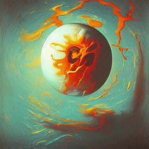 Image similar to a sphere being devoured by abstract splatters of paint in the style of francis bacon, venus being engulfed in flames in the style of james jean, surreal, beksinski, high detailed