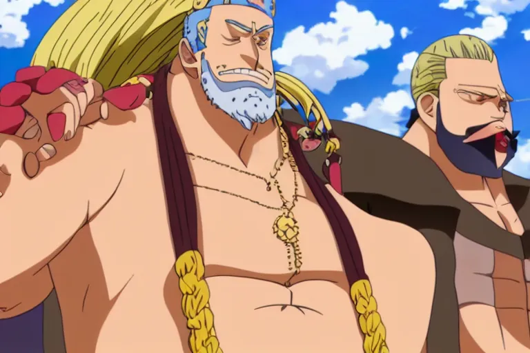Image similar to A still of a blonde bearded large man with a man bun in One Piece Anime Series, 4k Resolution.