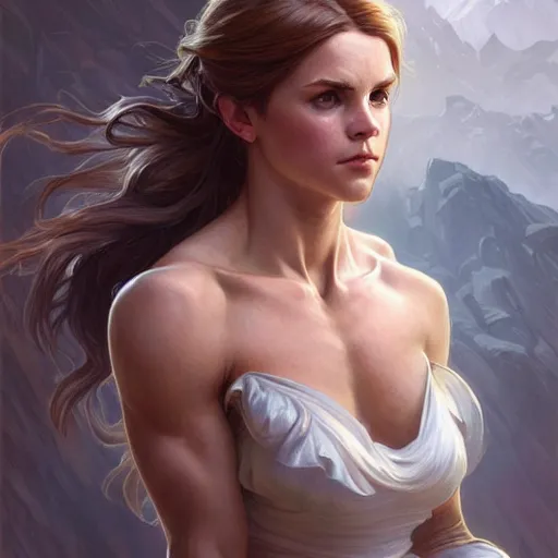 Image similar to portrait of a emma watsonj, muscular, upper body,big chest, D&D, fantasy, intricate, elegant, highly detailed, digital painting, artstation, concept art, matte, sharp focus, illustration, art by Artgerm and Greg Rutkowski and Alphonse Mucha